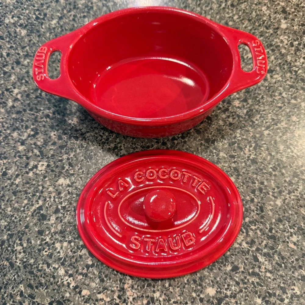 Staub Mini Cocotte Ceramic Oval Cherry Red Individual Casserole Dish Lid France